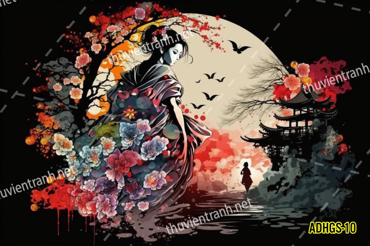 Tranh dán tường hoa cô gái Geisha Nhật Bản-ADHGS-10 - Tranh tường chất lượng cao